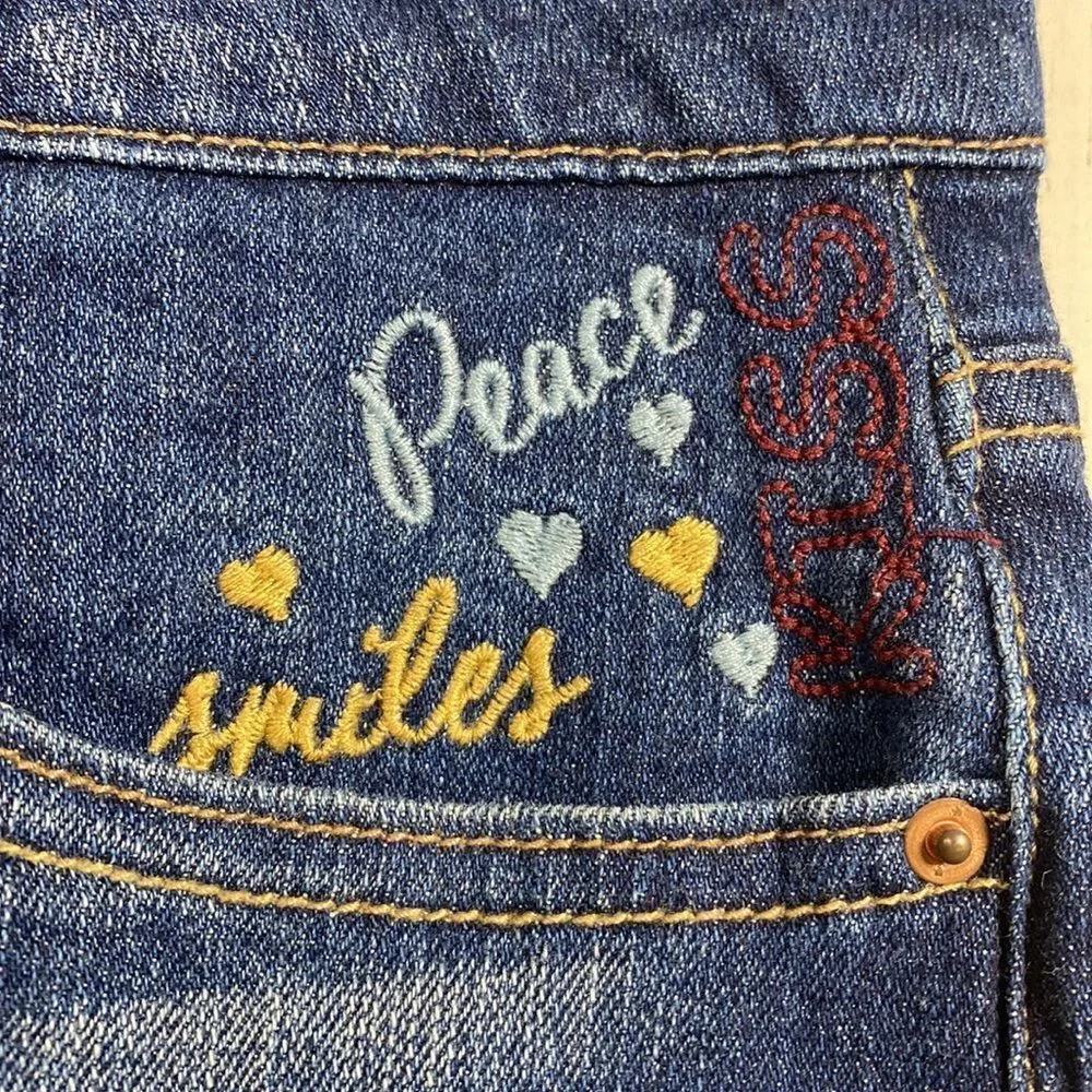 Vanilla Star Womens Embroidered Cuffed Distressed Mid Rise Jean Denim Shorts